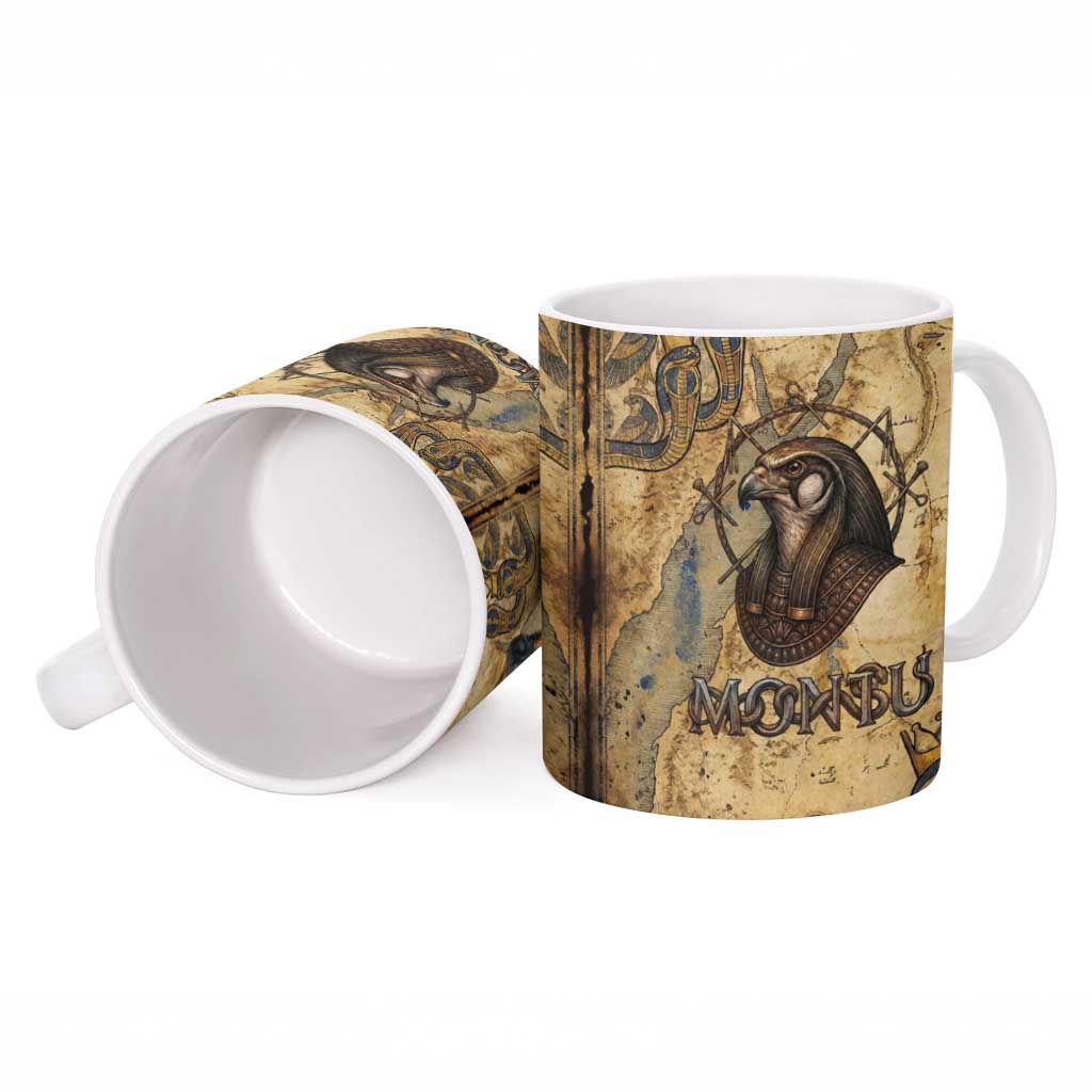 Montu Ceramic Mug Falcon Head War God Ancient Egyptian Map Feathers and Sun Disk