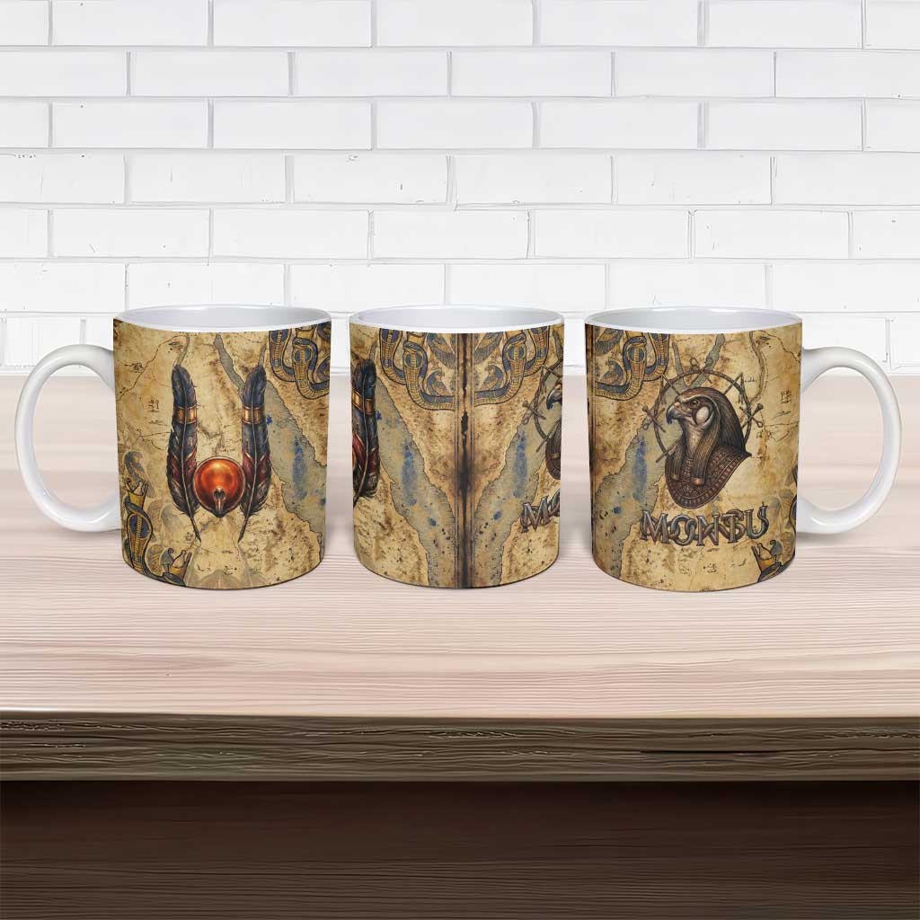 Montu Ceramic Mug Falcon Head War God Ancient Egyptian Map Feathers and Sun Disk