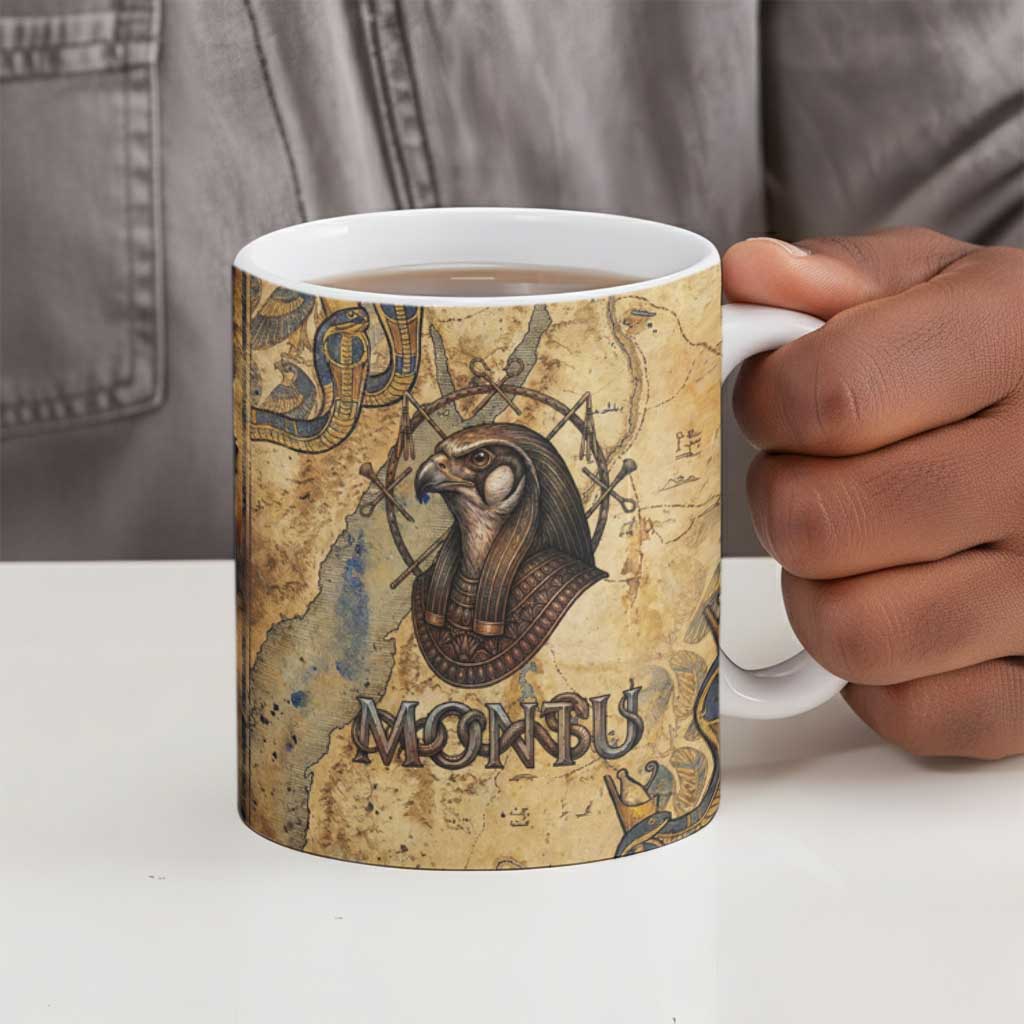Montu Ceramic Mug Falcon Head War God Ancient Egyptian Map Feathers and Sun Disk