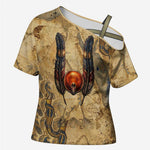 Montu Cross Shoulder Shirt Falcon Head War God Ancient Egyptian Map Feathers and Sun Disk
