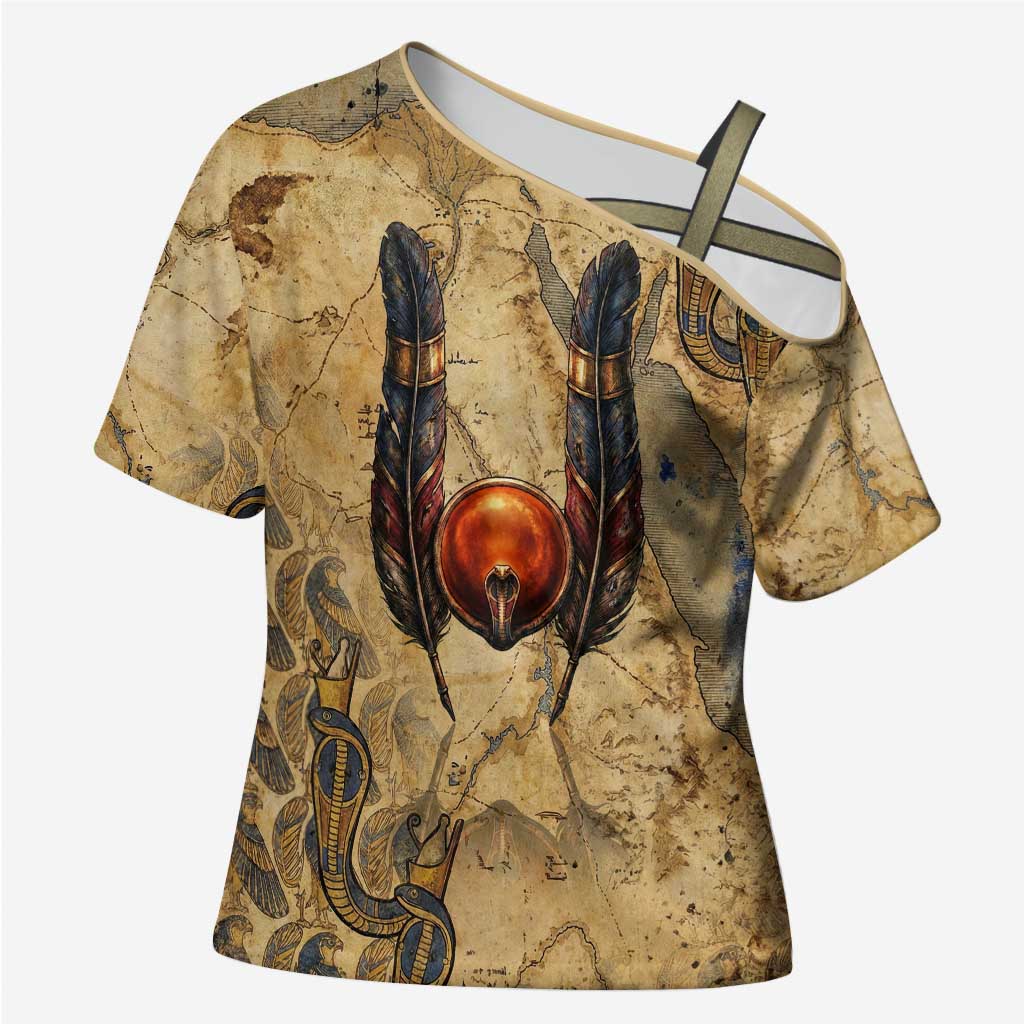 Montu Cross Shoulder Shirt Falcon Head War God Ancient Egyptian Map Feathers and Sun Disk