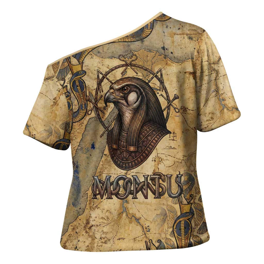 Montu Cross Shoulder Shirt Falcon Head War God Ancient Egyptian Map Feathers and Sun Disk