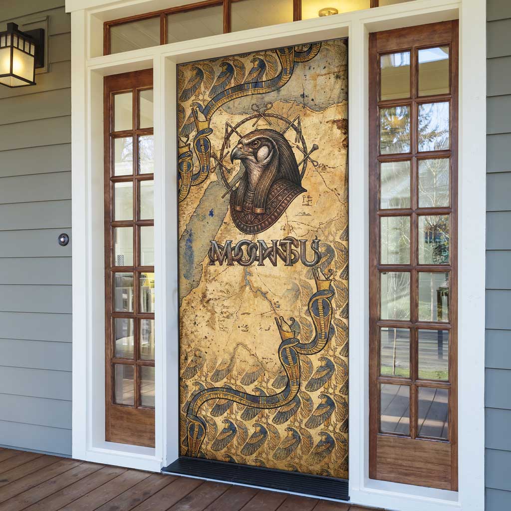 Montu Door Cover Falcon Head War God Ancient Egyptian Map Feathers and Sun Disk