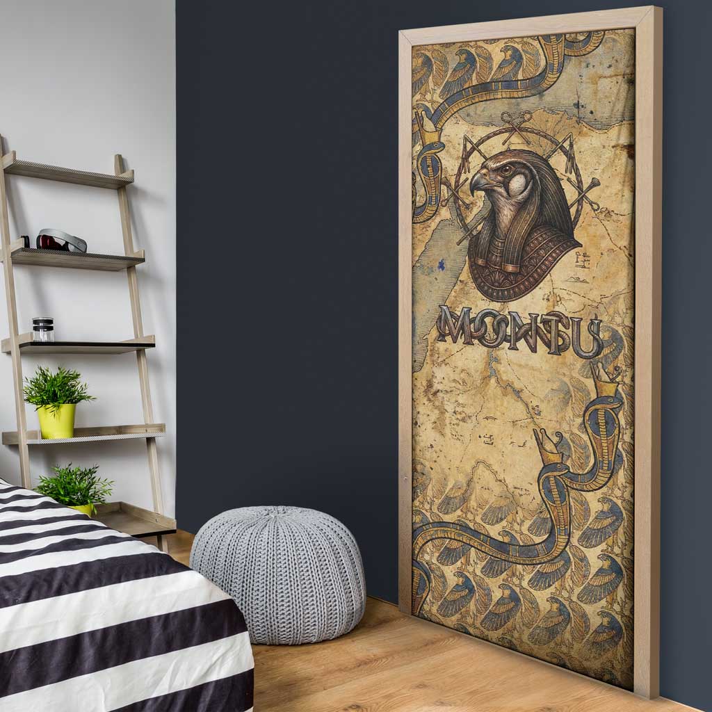 Montu Door Cover Falcon Head War God Ancient Egyptian Map Feathers and Sun Disk