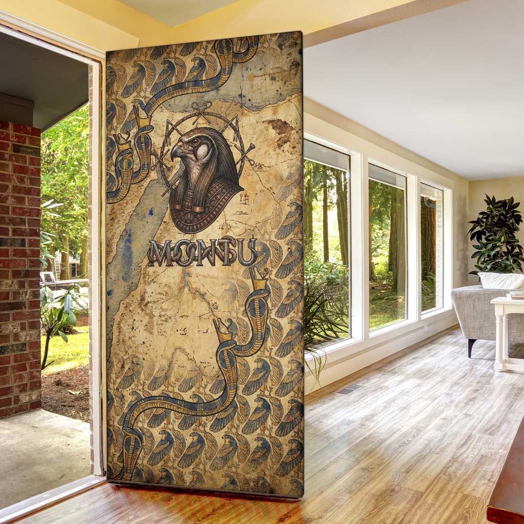 Montu Door Cover Falcon Head War God Ancient Egyptian Map Feathers and Sun Disk