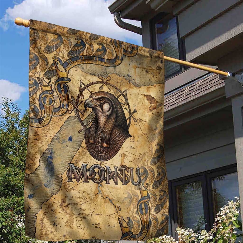 Montu Garden Flag Falcon Head War God Ancient Egyptian Map Feathers and Sun Disk