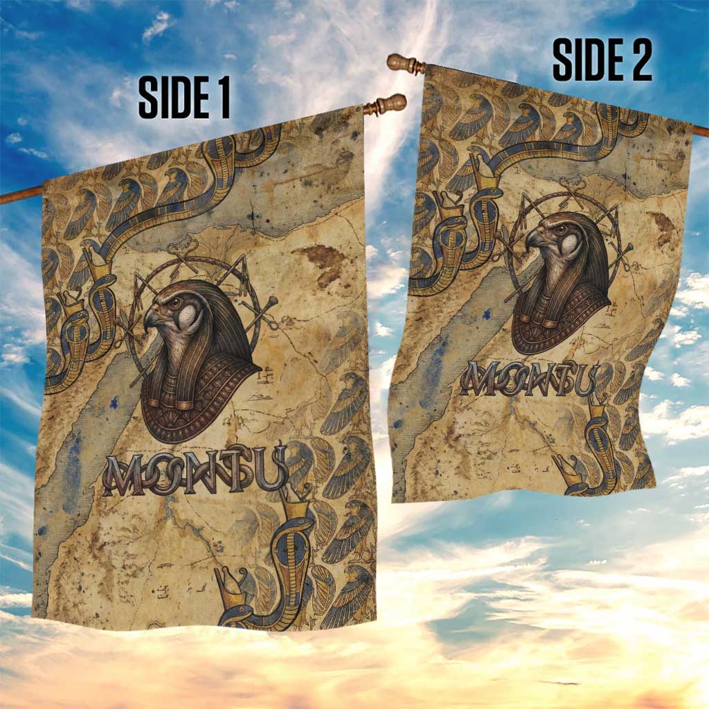 Montu Garden Flag Falcon Head War God Ancient Egyptian Map Feathers and Sun Disk