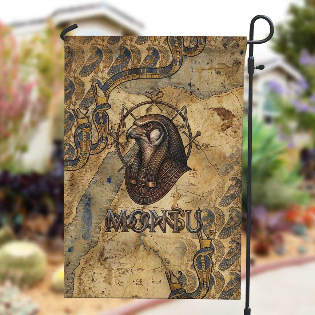 Montu Garden Flag Falcon Head War God Ancient Egyptian Map Feathers and Sun Disk