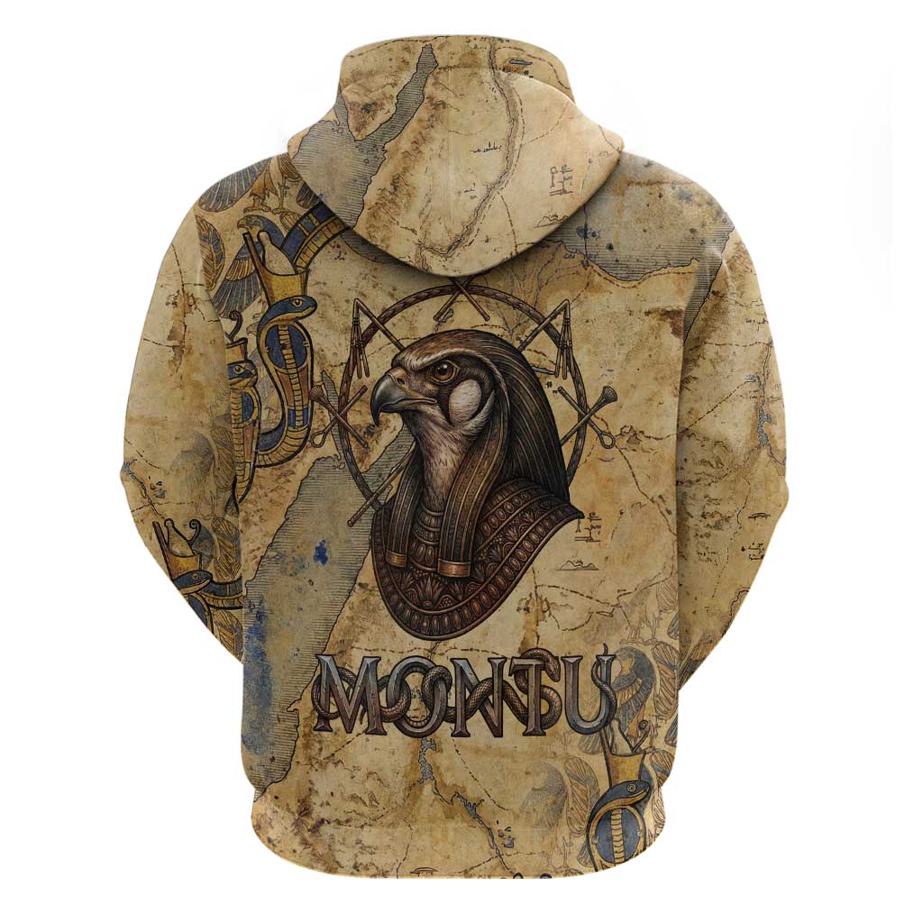 Montu Hoodie Falcon Head War God Ancient Egyptian Map Feathers and Sun Disk