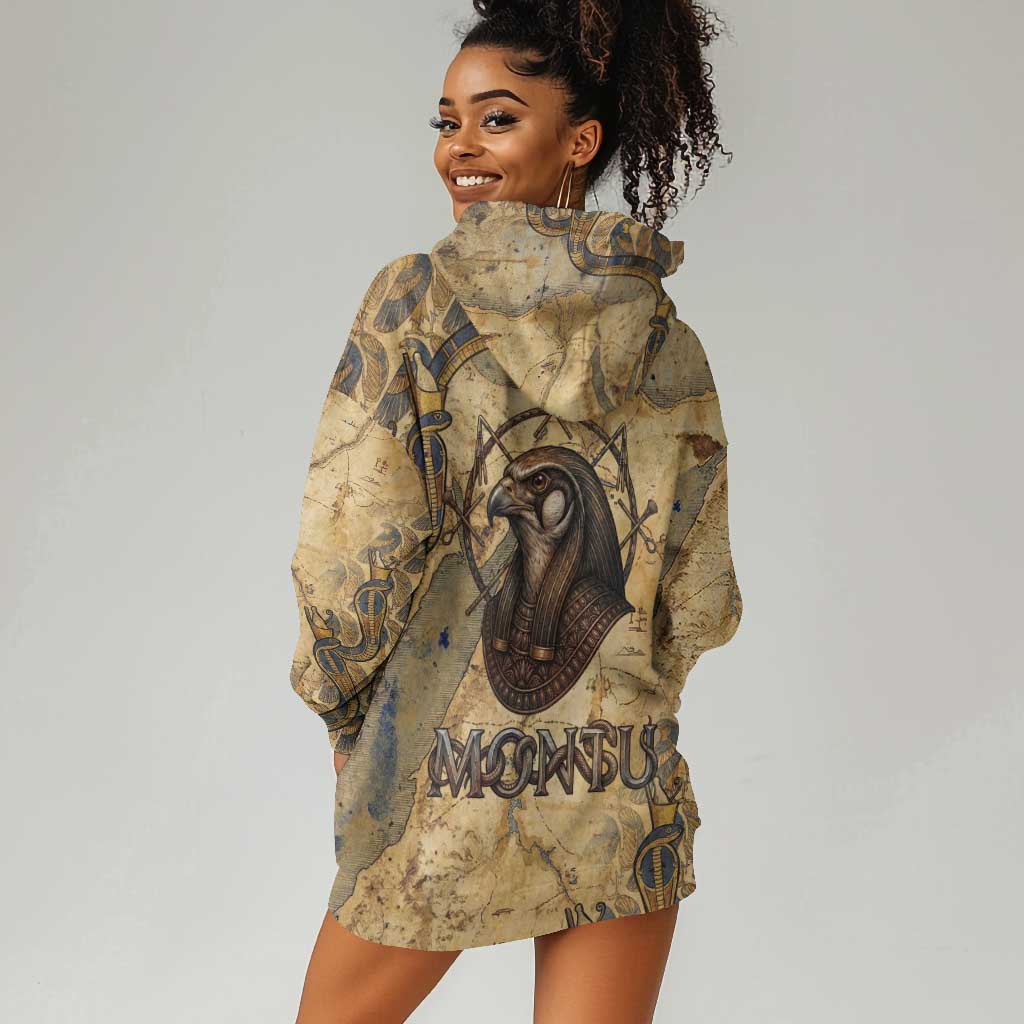 Montu Hoodie Dress Falcon Head War God Ancient Egyptian Map Feathers and Sun Disk