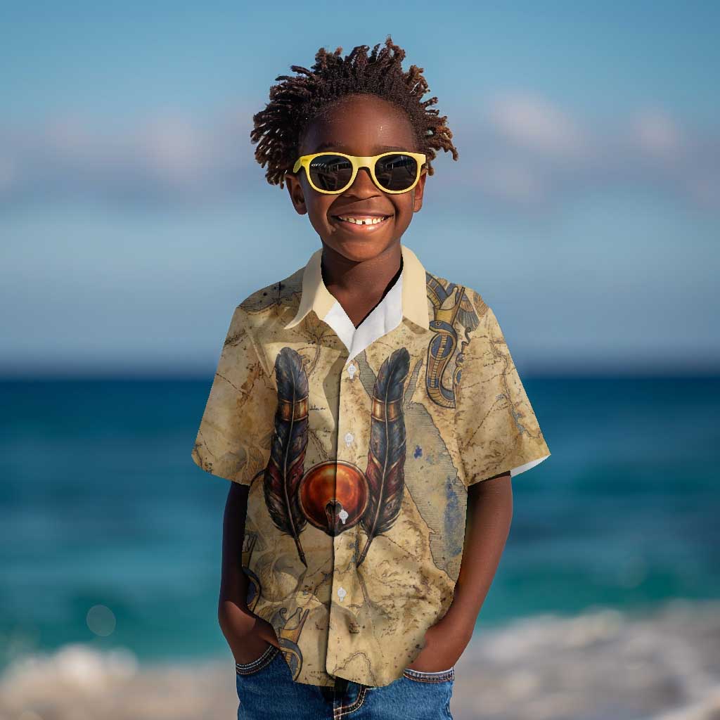 Montu Kid Hawaiian Shirt Falcon Head War God Ancient Egyptian Map Feathers and Sun Disk