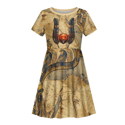 Montu Kid Short Sleeve Dress Falcon Head War God Ancient Egyptian Map Feathers and Sun Disk