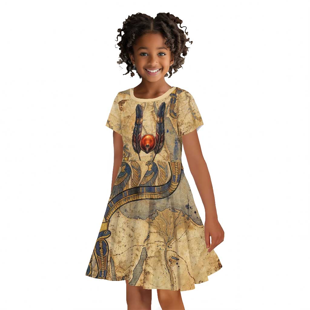 Montu Kid Short Sleeve Dress Falcon Head War God Ancient Egyptian Map Feathers and Sun Disk