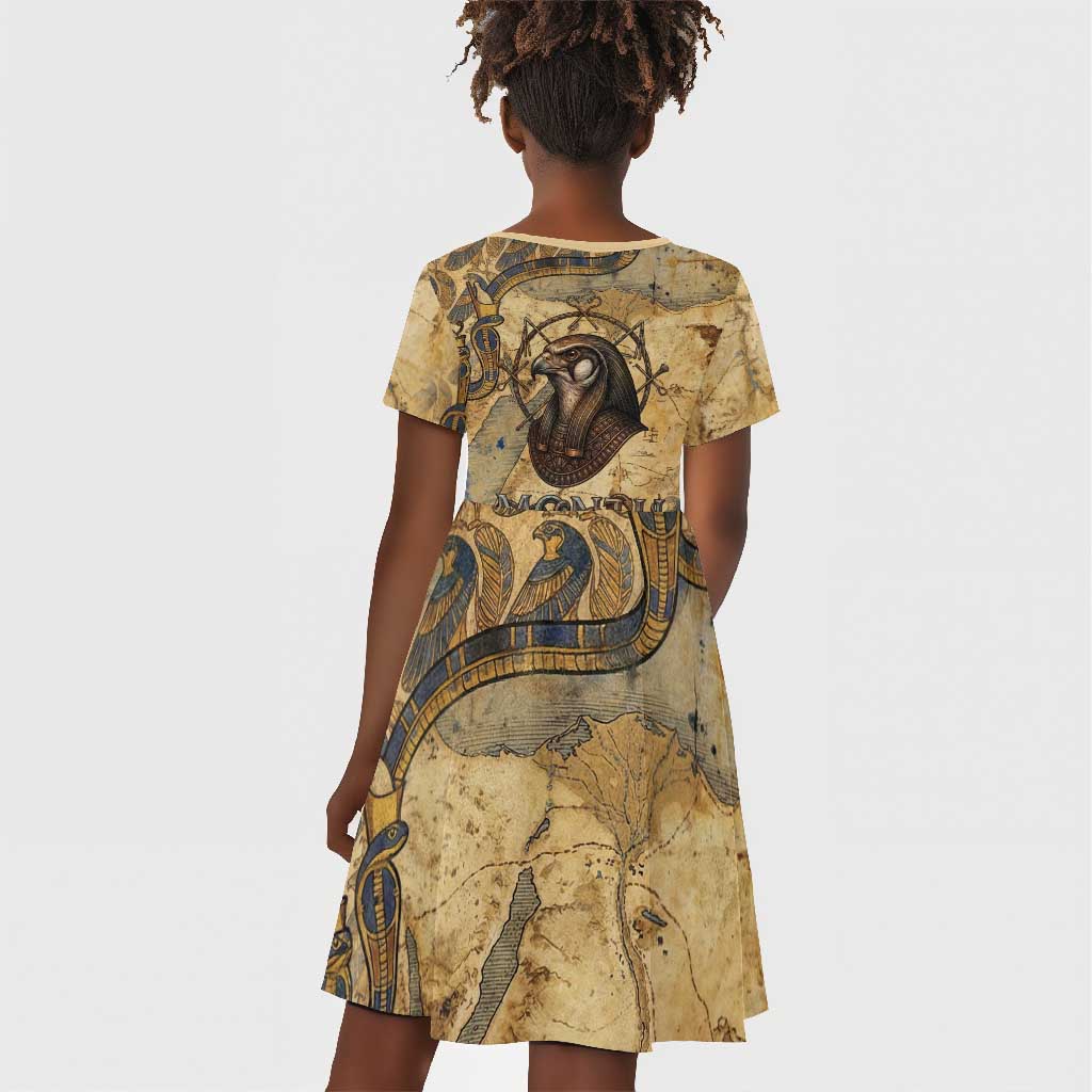 Montu Kid Short Sleeve Dress Falcon Head War God Ancient Egyptian Map Feathers and Sun Disk