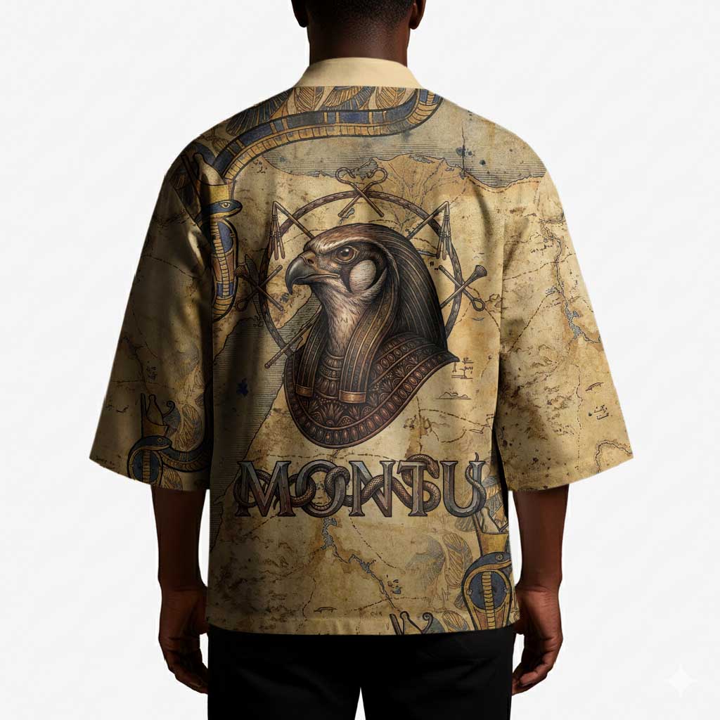 Montu Kimono Falcon Head War God Ancient Egyptian Map Feathers and Sun Disk