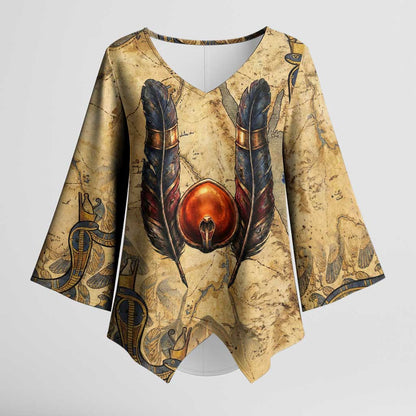 Montu Kimono Sleeve Blouse Falcon Head War God Ancient Egyptian Map Feathers and Sun Disk