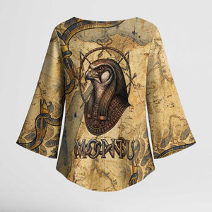 Montu Kimono Sleeve Blouse Falcon Head War God Ancient Egyptian Map Feathers and Sun Disk