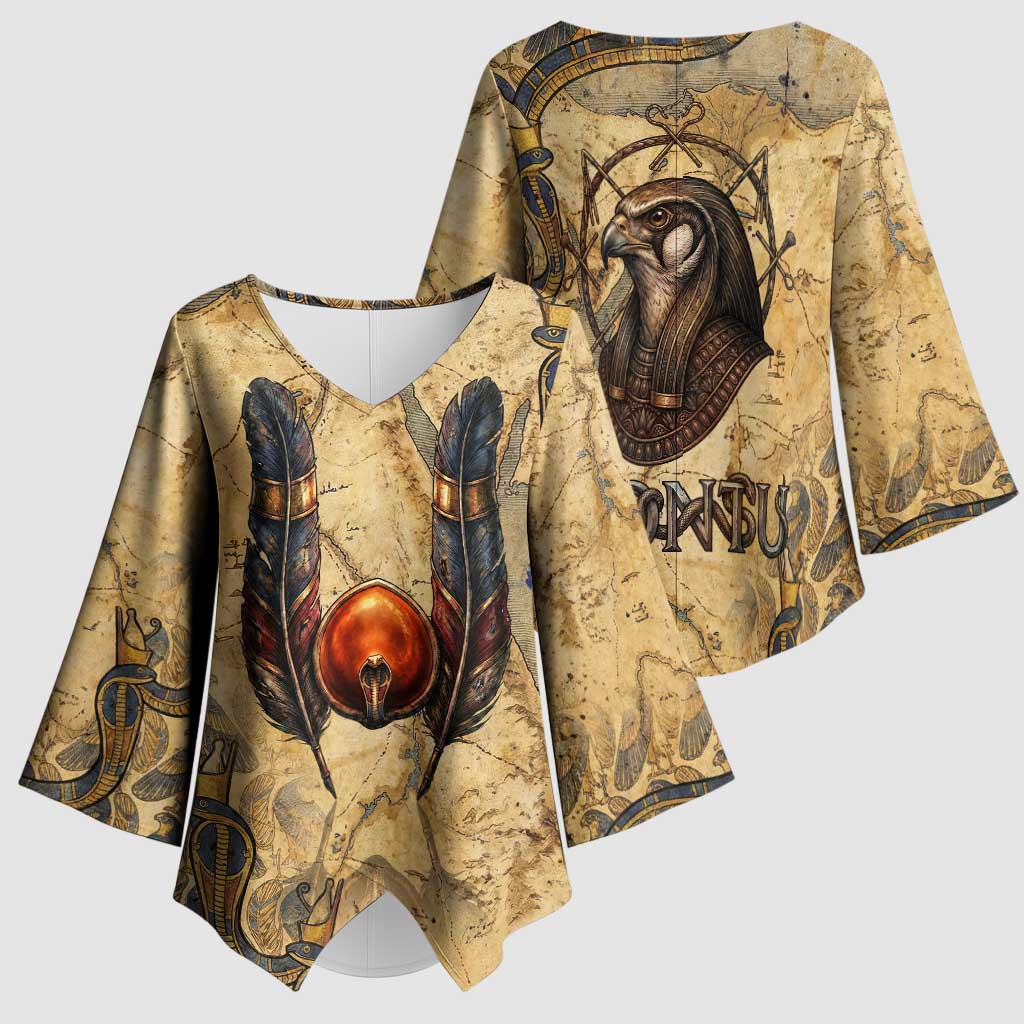 Montu Kimono Sleeve Blouse Falcon Head War God Ancient Egyptian Map Feathers and Sun Disk