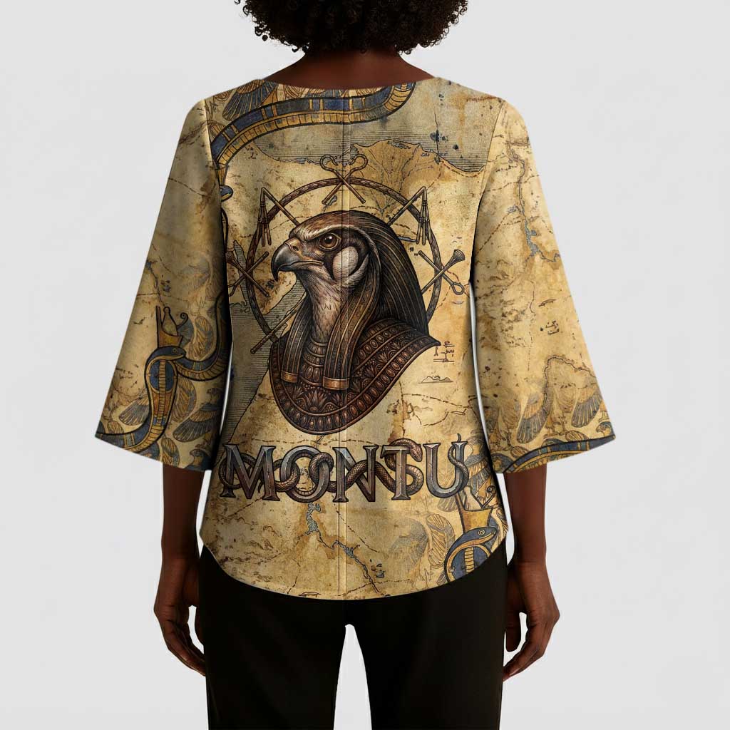 Montu Kimono Sleeve Blouse Falcon Head War God Ancient Egyptian Map Feathers and Sun Disk