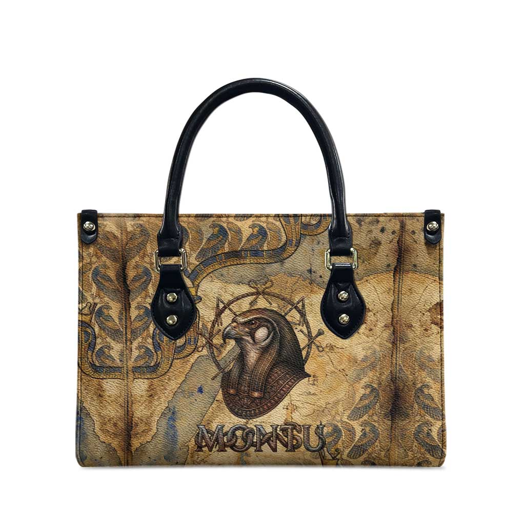 Montu Leather Bag Falcon Head War God Ancient Egyptian Map Feathers and Sun Disk