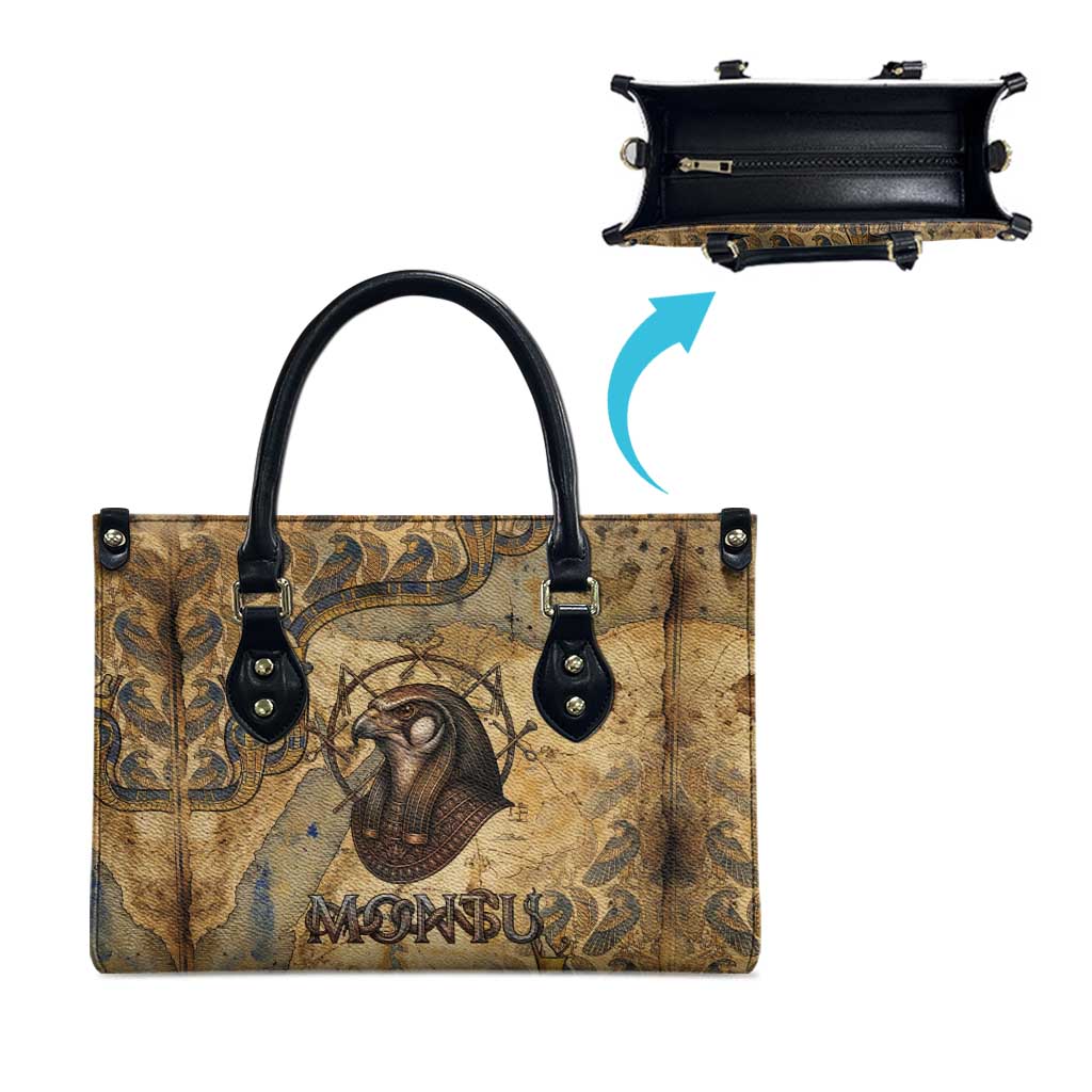 Montu Leather Bag Falcon Head War God Ancient Egyptian Map Feathers and Sun Disk