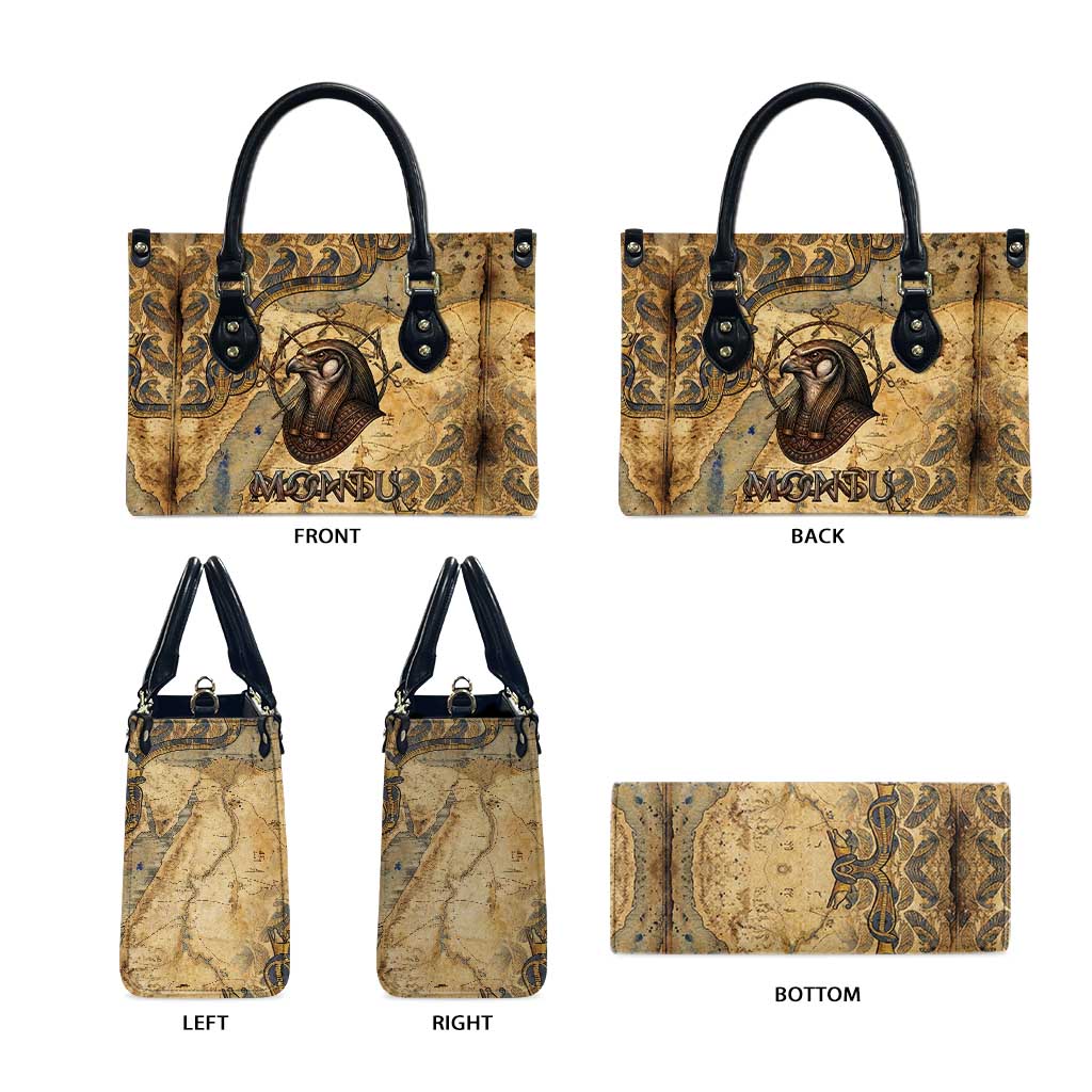 Montu Leather Bag Falcon Head War God Ancient Egyptian Map Feathers and Sun Disk