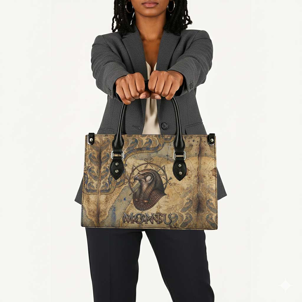 Montu Leather Bag Falcon Head War God Ancient Egyptian Map Feathers and Sun Disk