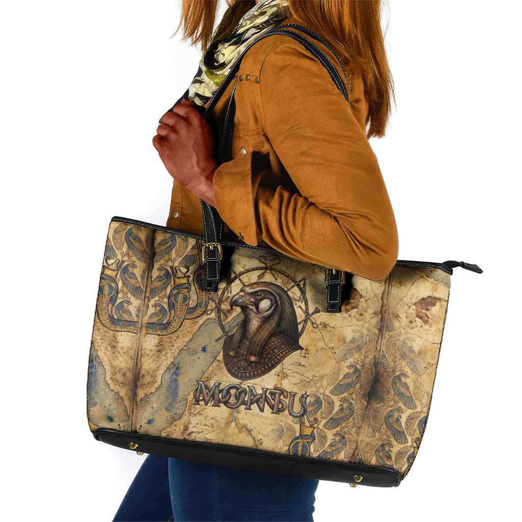 Montu Leather Tote Bag Falcon Head War God Ancient Egyptian Map Feathers and Sun Disk