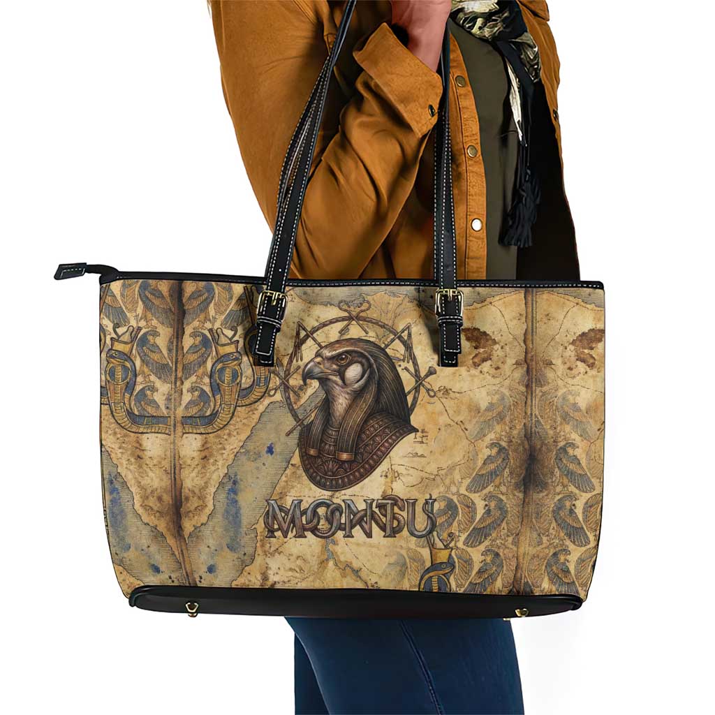 Montu Leather Tote Bag Falcon Head War God Ancient Egyptian Map Feathers and Sun Disk