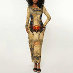 Montu Long Sleeve Bodycon Dress Falcon Head War God Ancient Egyptian Map Feathers and Sun Disk