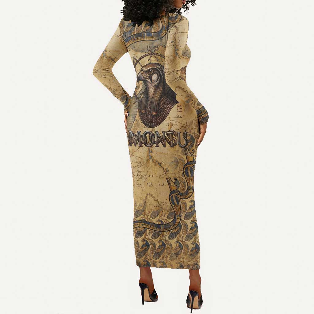 Montu Long Sleeve Bodycon Dress Falcon Head War God Ancient Egyptian Map Feathers and Sun Disk