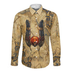 Montu Long Sleeve Button Shirt Falcon Head War God Ancient Egyptian Map Feathers and Sun Disk