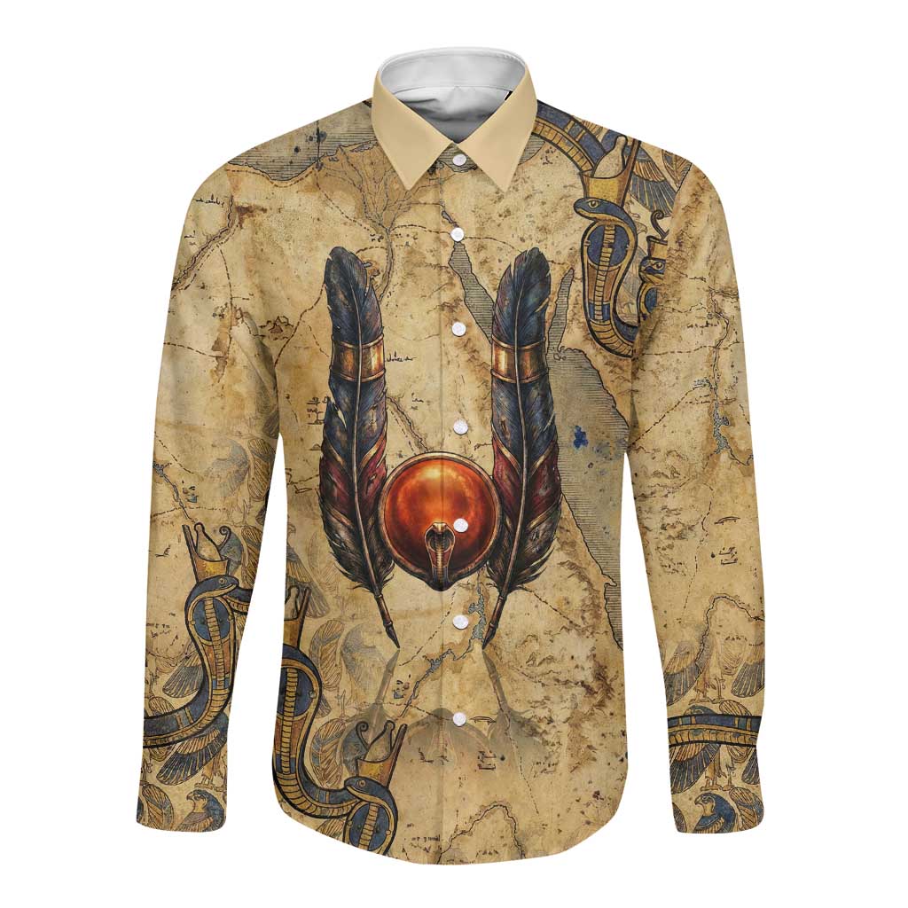 Montu Long Sleeve Button Shirt Falcon Head War God Ancient Egyptian Map Feathers and Sun Disk
