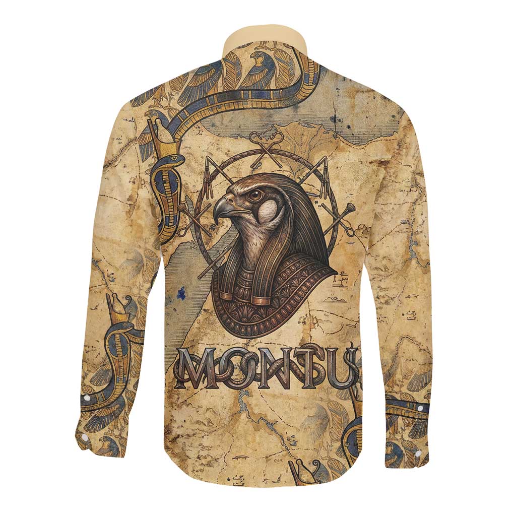 Montu Long Sleeve Button Shirt Falcon Head War God Ancient Egyptian Map Feathers and Sun Disk