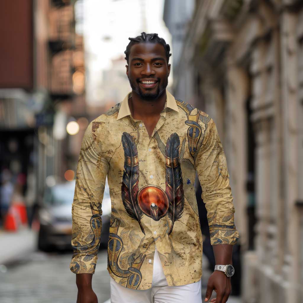 Montu Long Sleeve Button Shirt Falcon Head War God Ancient Egyptian Map Feathers and Sun Disk
