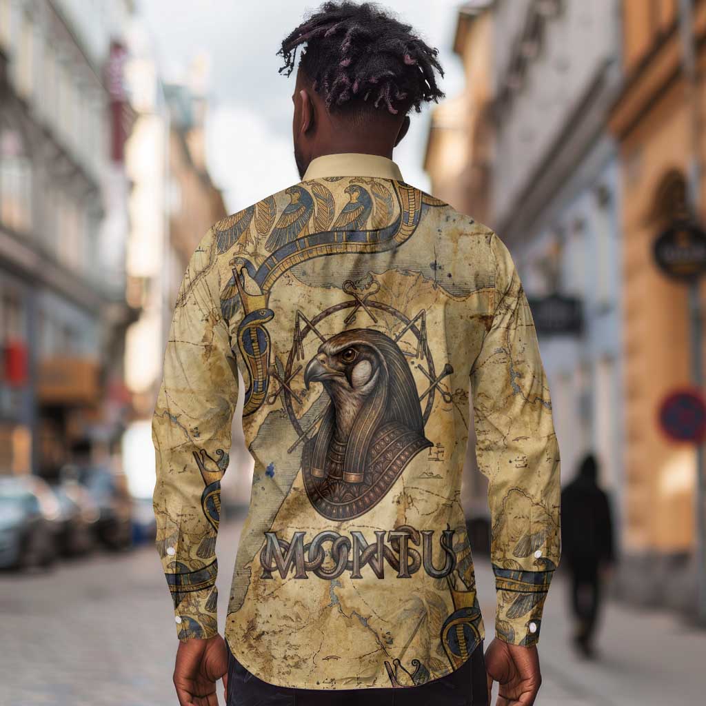 Montu Long Sleeve Button Shirt Falcon Head War God Ancient Egyptian Map Feathers and Sun Disk