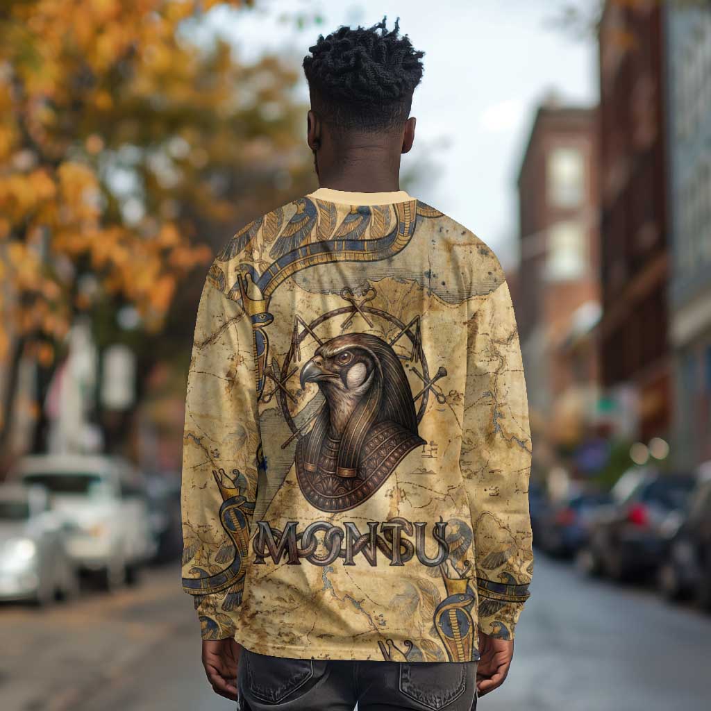 Montu Long Sleeve Shirt Falcon Head War God Ancient Egyptian Map Feathers and Sun Disk