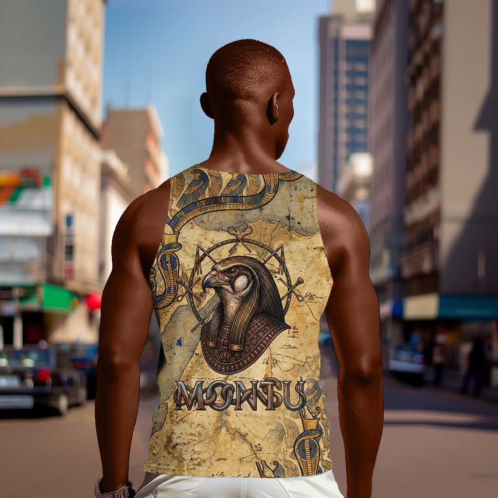 Montu Men Tank Top Falcon Head War God Ancient Egyptian Map Feathers and Sun Disk