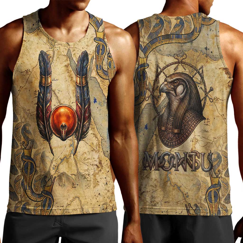 Montu Men Tank Top Falcon Head War God Ancient Egyptian Map Feathers and Sun Disk