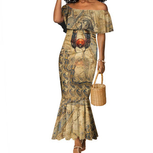 Montu Mermaid Dress Falcon Head War God Ancient Egyptian Map Feathers and Sun Disk