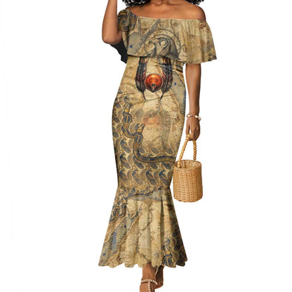 Montu Mermaid Dress Falcon Head War God Ancient Egyptian Map Feathers and Sun Disk