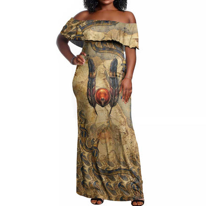 Montu Off Shoulder Maxi Dress Falcon Head War God Ancient Egyptian Map Feathers and Sun Disk