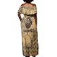 Montu Off Shoulder Maxi Dress Falcon Head War God Ancient Egyptian Map Feathers and Sun Disk