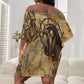 Montu Off Shoulder Short Dress Falcon Head War God Ancient Egyptian Map Feathers and Sun Disk
