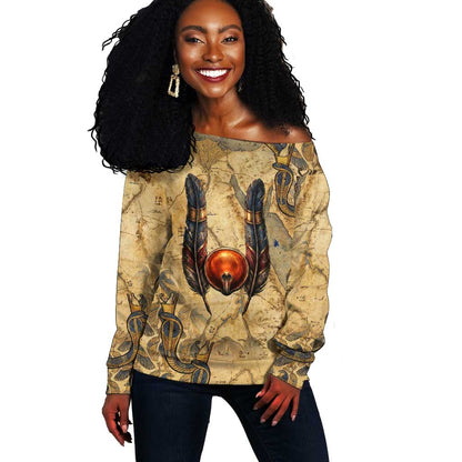 Montu Off Shoulder Sweater Falcon Head War God Ancient Egyptian Map Feathers and Sun Disk