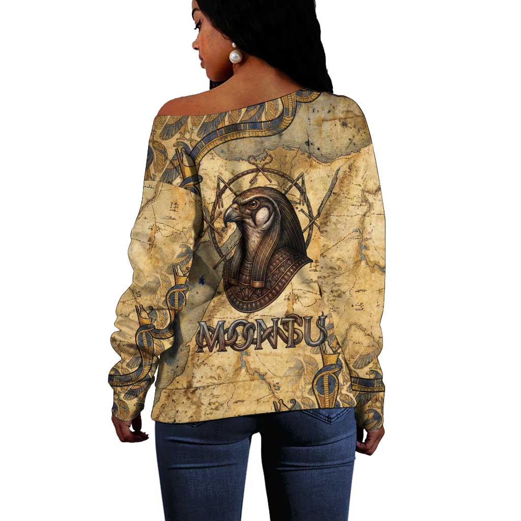 Montu Off Shoulder Sweater Falcon Head War God Ancient Egyptian Map Feathers and Sun Disk