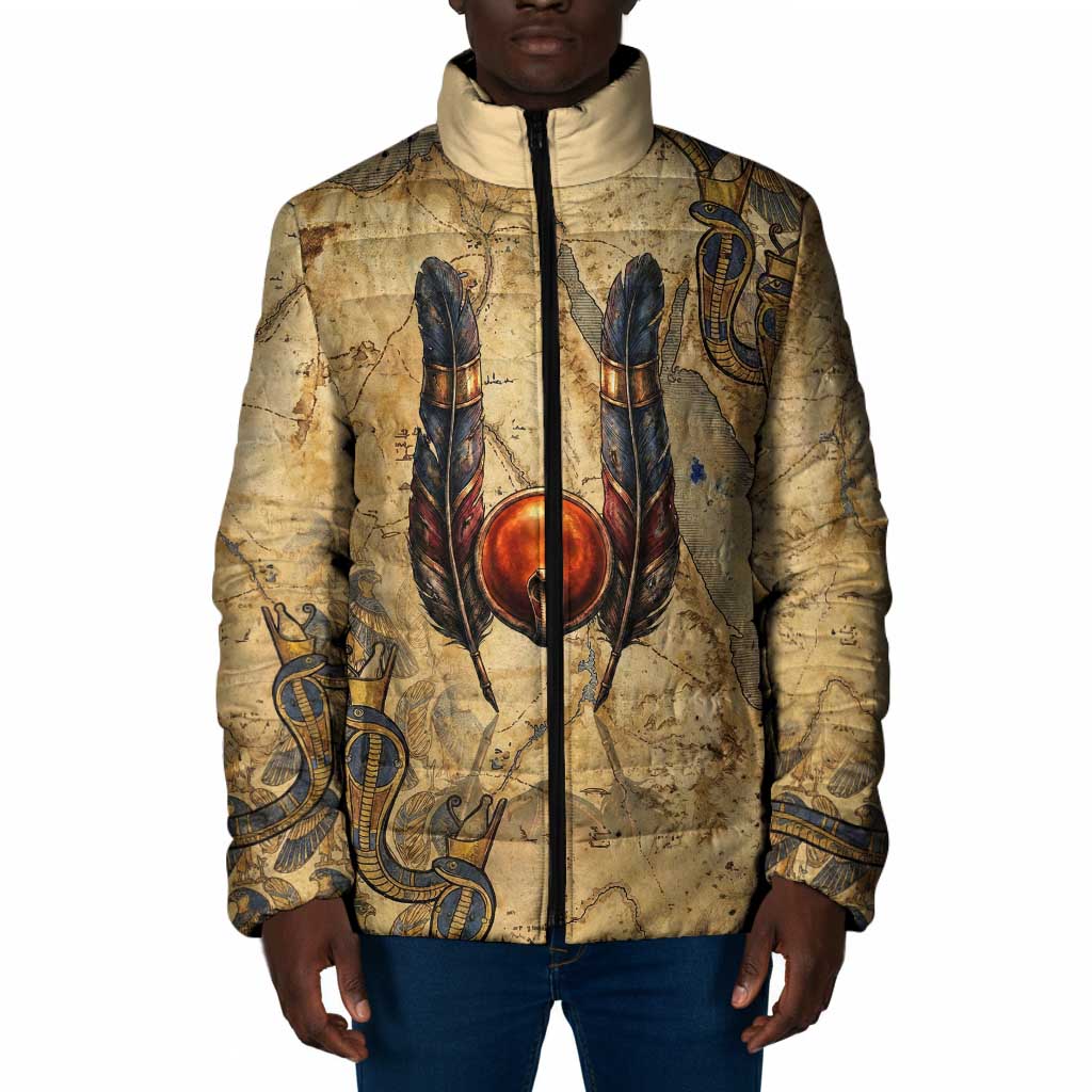 Montu Padded Jacket Falcon Head War God Ancient Egyptian Map Feathers and Sun Disk
