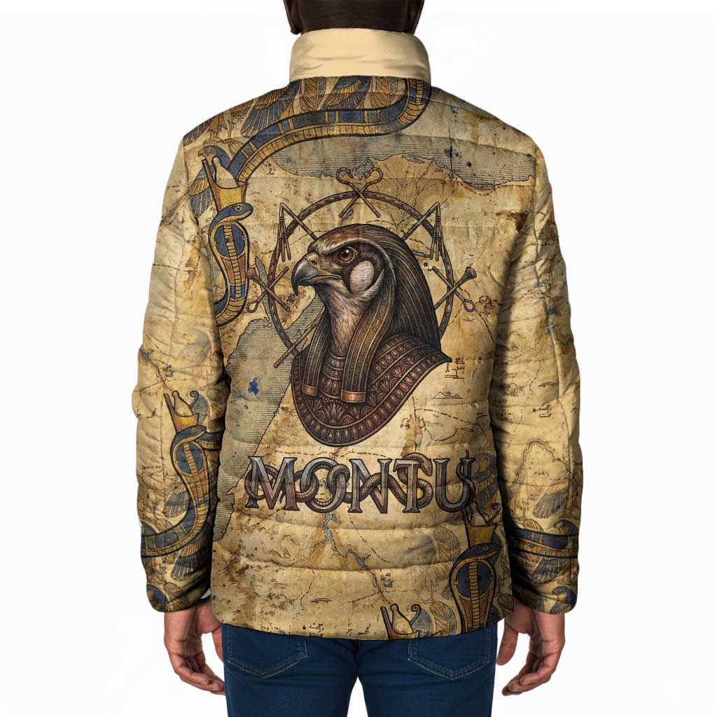Montu Padded Jacket Falcon Head War God Ancient Egyptian Map Feathers and Sun Disk