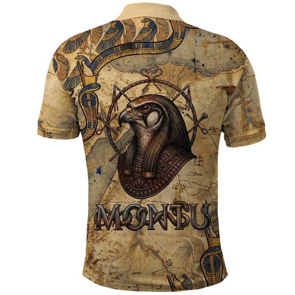 Montu Polo Shirt Falcon Head War God Ancient Egyptian Map Feathers and Sun Disk