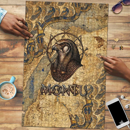 Montu Puzzle Falcon Head War God Ancient Egyptian Map Feathers and Sun Disk